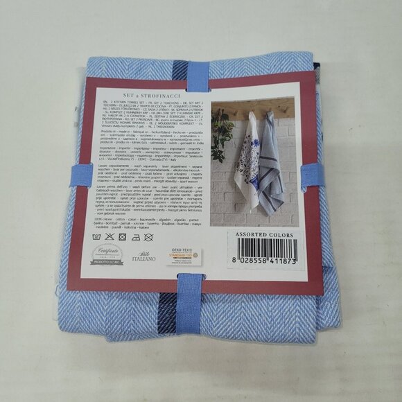 Atelier Kitchen Towels Blue Set Of 2 Solid with Stripe and Floral Plant - Picture 3 of 7